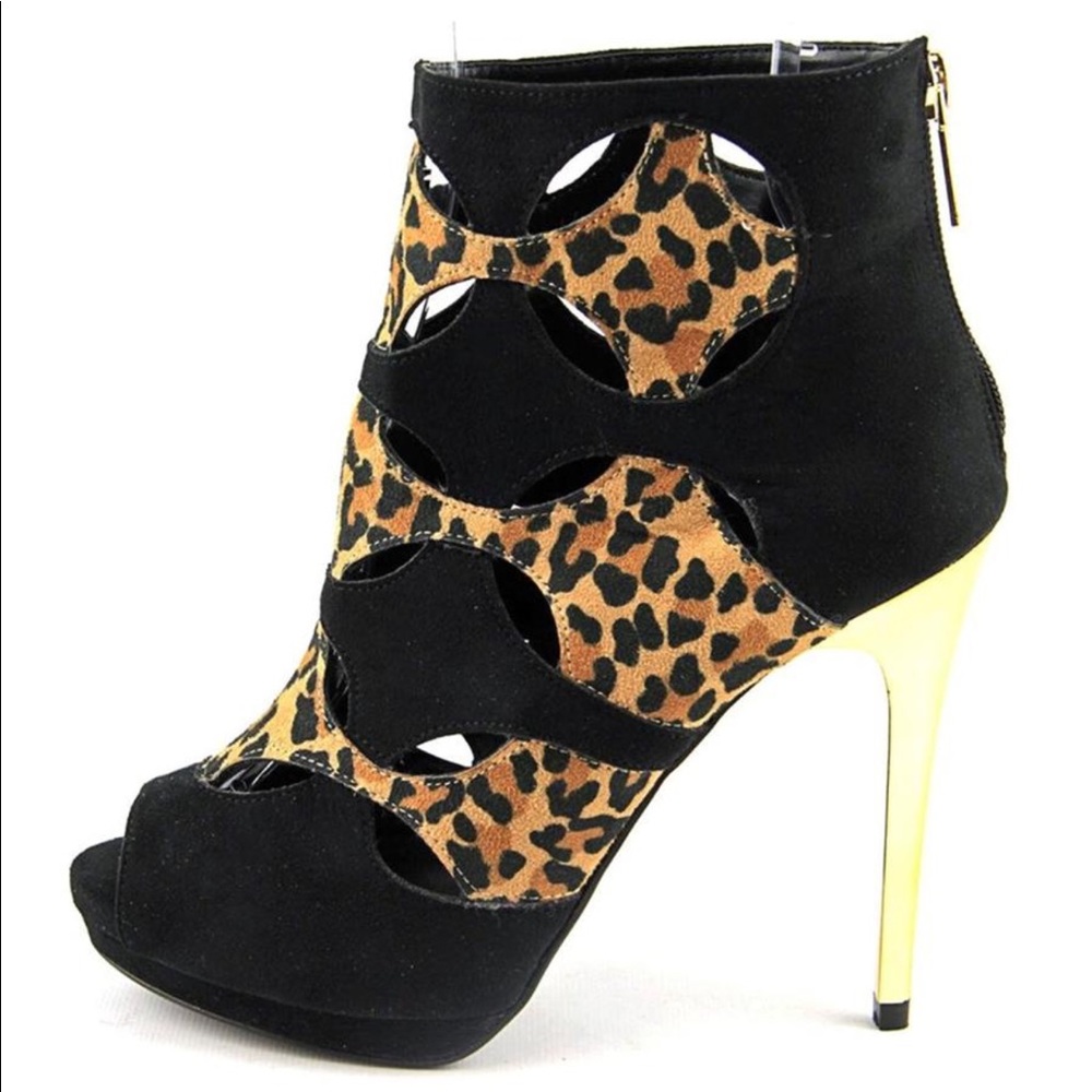 Thalia Sodi Peeptoe Booties with Gold Mirror 4.5” Heel, EUC